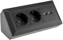 2-fach Steckdosenblock + 2x USB, Schwarz 250V~/ 16A, Aufbaumontage, USB 3,1A