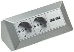 2-fach Steckdosenblock + 2x USB, Silber 250V~/ 16A, Aufbaumontage, USB 3,1A
