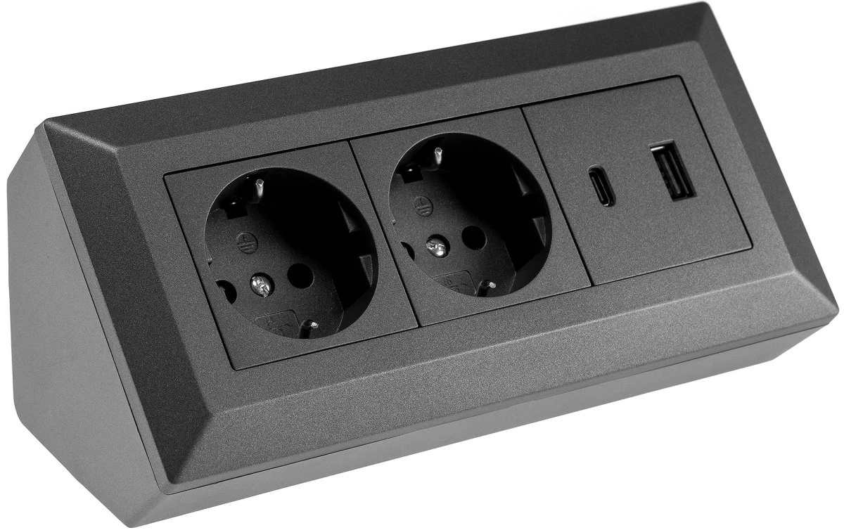 2-fach Steckdosenblock, USB-A+C, Anthraz 250V~/ 16A, Aufbaumontage, USB 3,1A, PD 1 2-fach Steckdosenblock, USB-A+C, Anthraz 250V~/ 16A, Aufbaumontage, USB 3,1A, PD