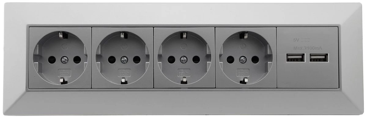 4-fach Steckdosenblock + 2x USB, Silber 250V~/ 16A, Aufbaumontage, USB 3,1A 2 4-fach Steckdosenblock + 2x USB, Silber 250V~/ 16A, Aufbaumontage, USB 3,1A – Bild 2