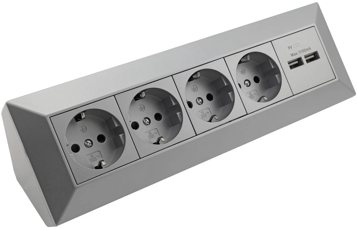 4-fach Steckdosenblock + 2x USB, Silber 250V~/ 16A, Aufbaumontage, USB 3,1A 3 4-fach Steckdosenblock + 2x USB, Silber 250V~/ 16A, Aufbaumontage, USB 3,1A – Bild 3