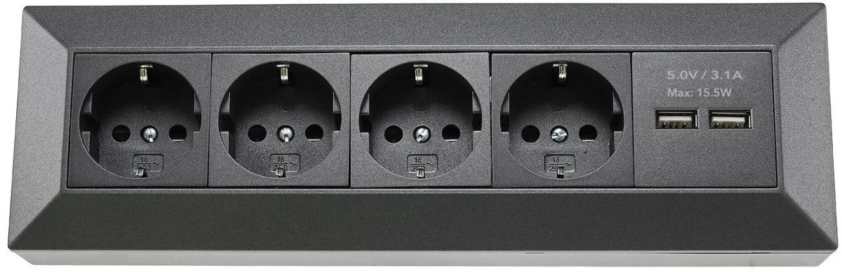 4-fach Steckdosenblock+2x USB, Anthrazit 250V~/ 16A, Aufbaumontage, USB 3,1A 2 4-fach Steckdosenblock+2x USB, Anthrazit 250V~/ 16A, Aufbaumontage, USB 3,1A – Bild 2