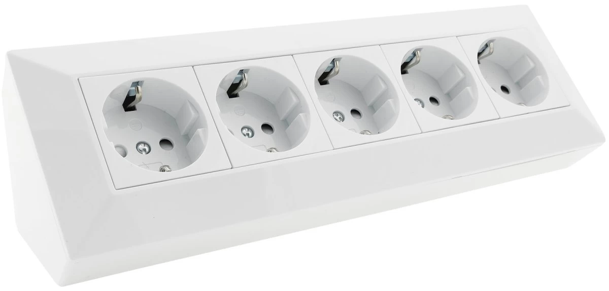 5-fach Steckdosenblock, Weiß 250V~/ 16A, Aufbaumontage 1 5-fach Steckdosenblock, Weiß 250V~/ 16A, Aufbaumontage