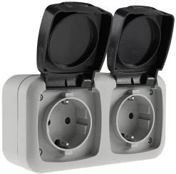 Feuchtraum Doppel-Steckdose, IP44 250V~/ 16A, Inkl. AP-Rahmen, Grau