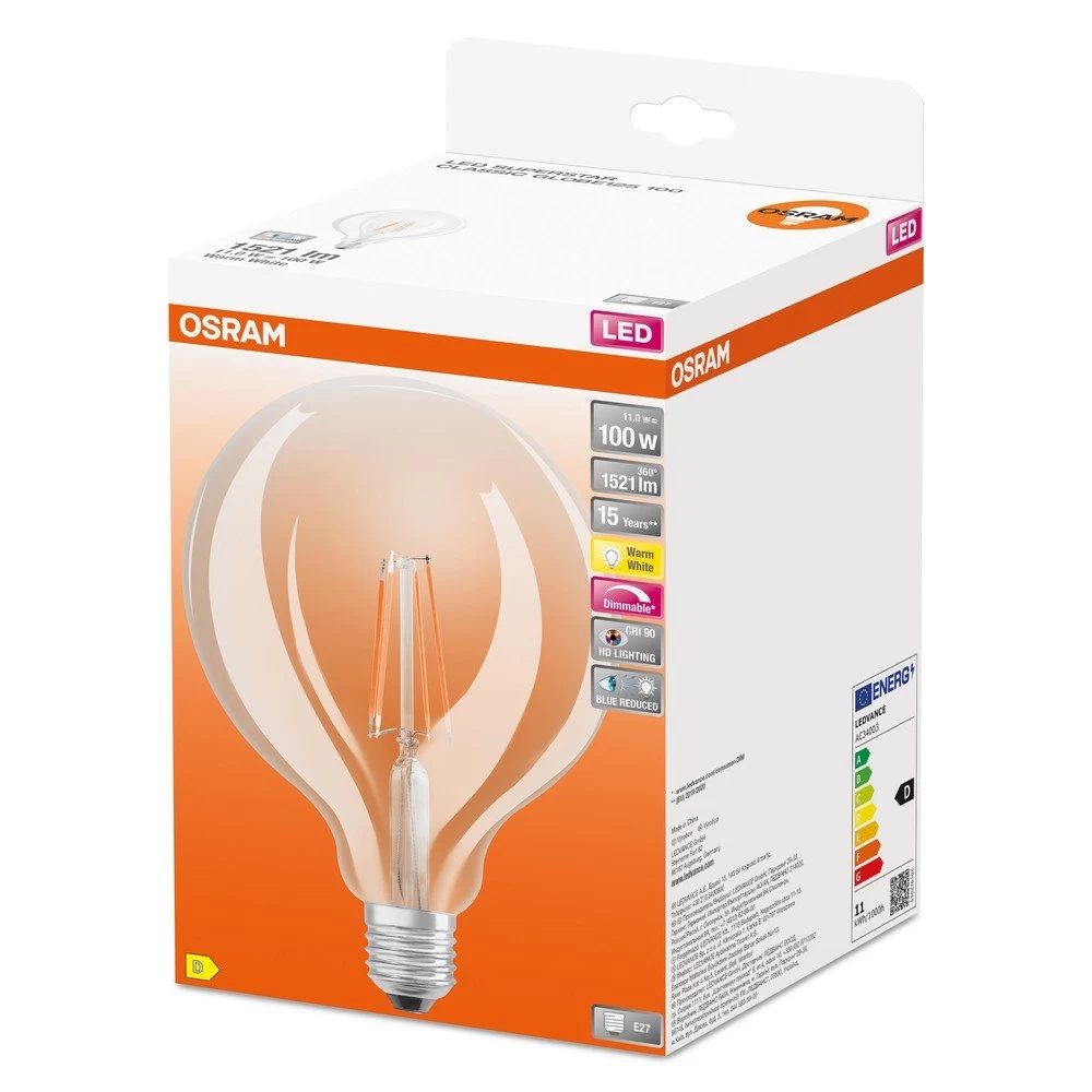 OSRAM LED Globe Lampe Superstar Plus G120 E27 Filament 11W 1521lm Warmweiss 2700K Dimmbar 90Ra Wie 100W 2 OSRAM LED Globe Lampe Superstar Plus G120 E27 Filament 11W 1521lm Warmweiss 2700K Dimmbar 90Ra Wie 100W – Bild 2