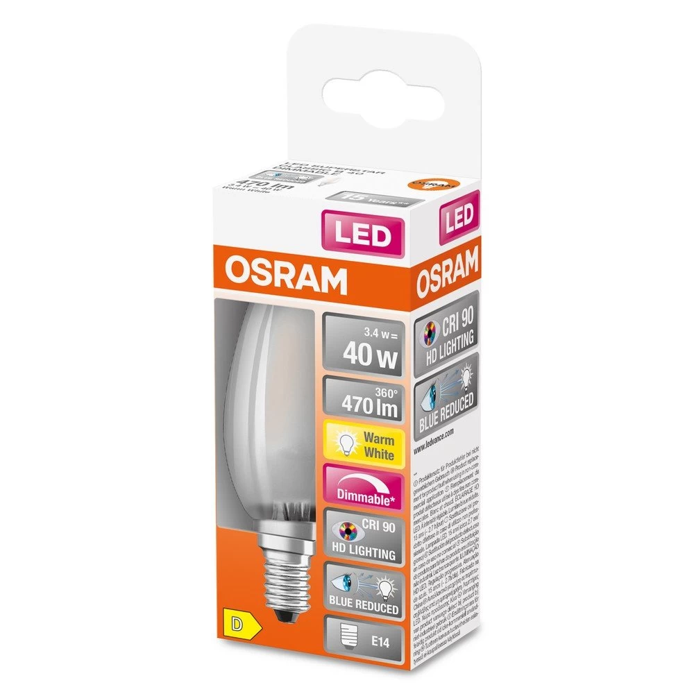 OSRAM LED Kerzenlampe Superstar Plus Matt E14 Filament 3,4W 470lm Warmweiss 2700K Dimmbar 90Ra Wie 40W 2 OSRAM LED Kerzenlampe Superstar Plus Matt E14 Filament 3,4W 470lm Warmweiss 2700K Dimmbar 90Ra Wie 40W – Bild 2