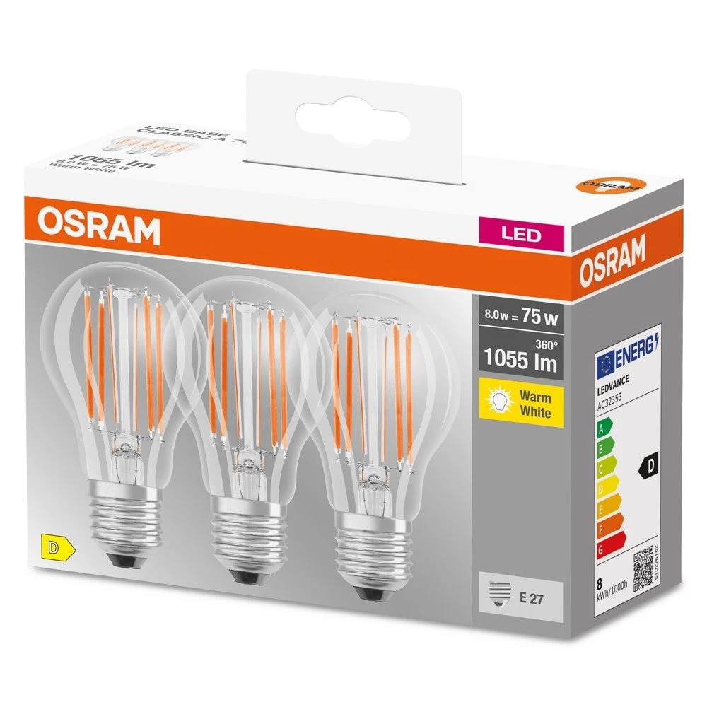 OSRAM LED Lampe BASE Classic 3er-Pack Filament E27 7,5W 1055Lm Warmweiss 2700K Wie 75W 1 OSRAM LED Lampe BASE Classic 3er-Pack Filament E27 7,5W 1055Lm Warmweiss 2700K Wie 75W